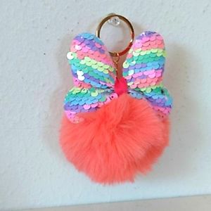 Coral puff with pastel rainbow sequins bow Keychain